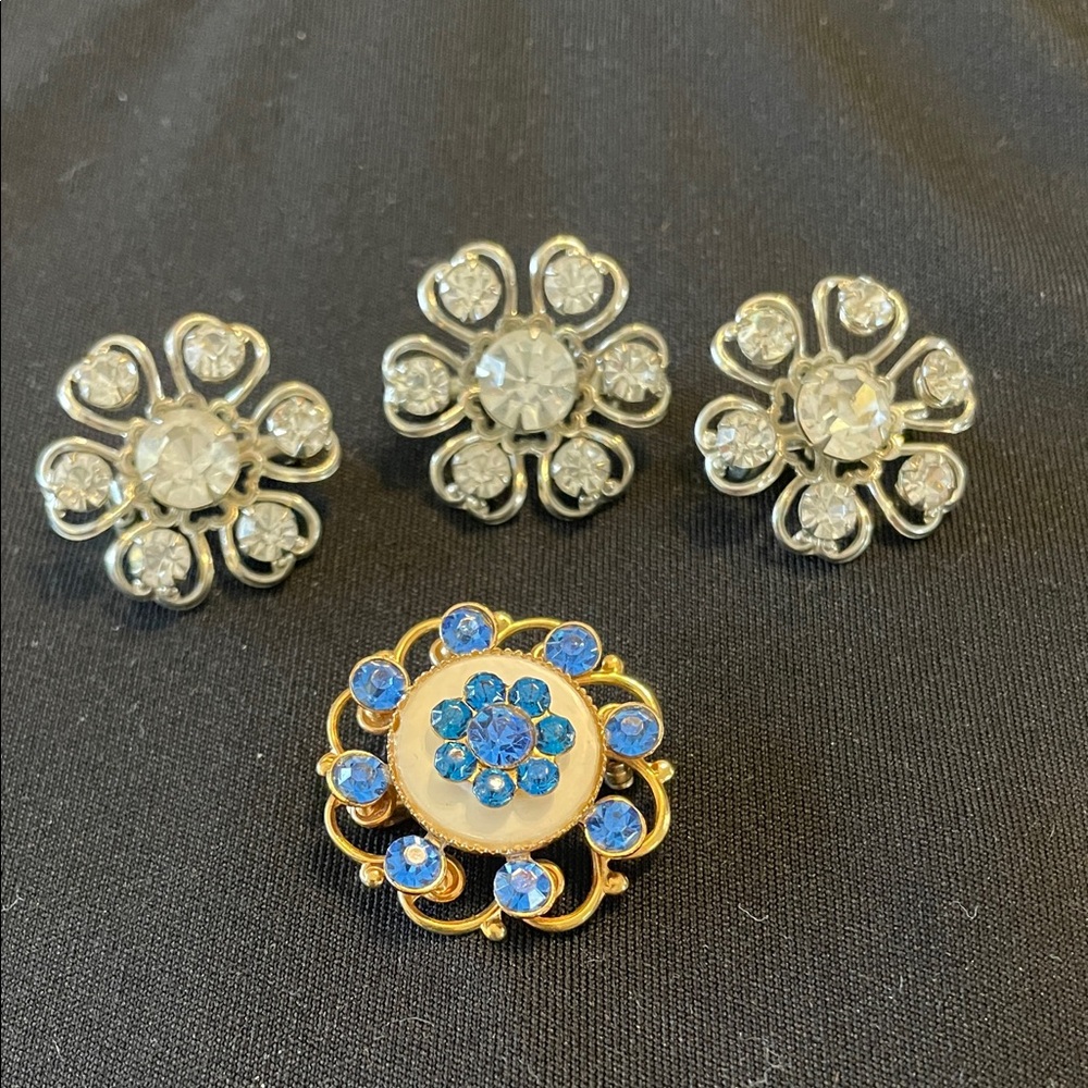 Elegant Silver and Blue Floral Brooch Set